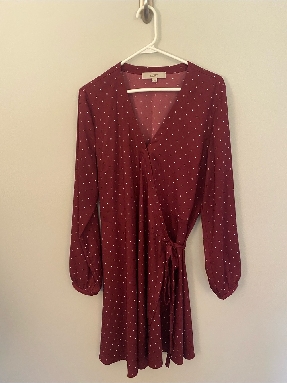 LOFT Burgundy Wrap Dress with White Polka Dots - Picture 1 of 6